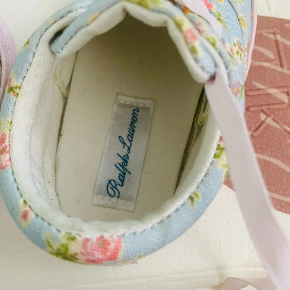 Ralph Lauren Polo Light Blue and Pink Floral Canvas Baby Shoes size 3 GUC